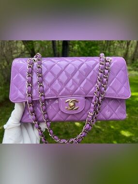 CHANEL Medium Classic Double Flap Quilted Patent Leather Handbag Lilac / Gold